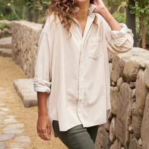 NEW FRANK & EILEEN SHIRLEY TATTERED DENIM SHIRT IN VINTAGE WHITE SIZE XL - Picture 1 of 8